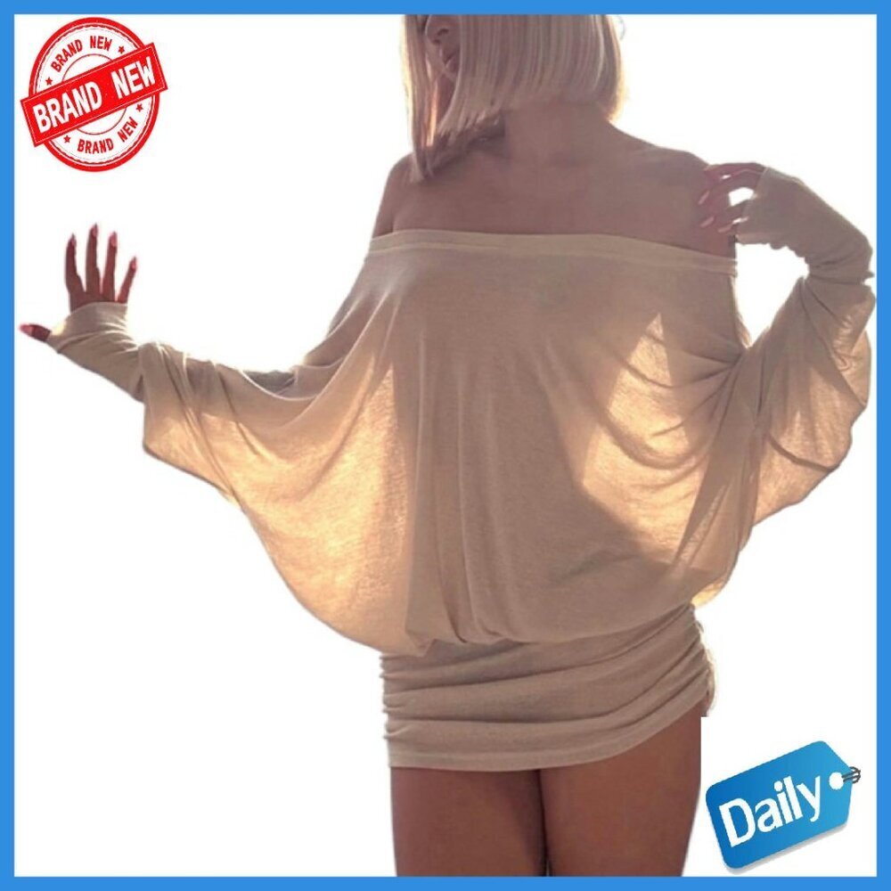 Off Shoulder Batwing Sleeve Ruched Mini Dress Long Sleeve Sheer Oversized